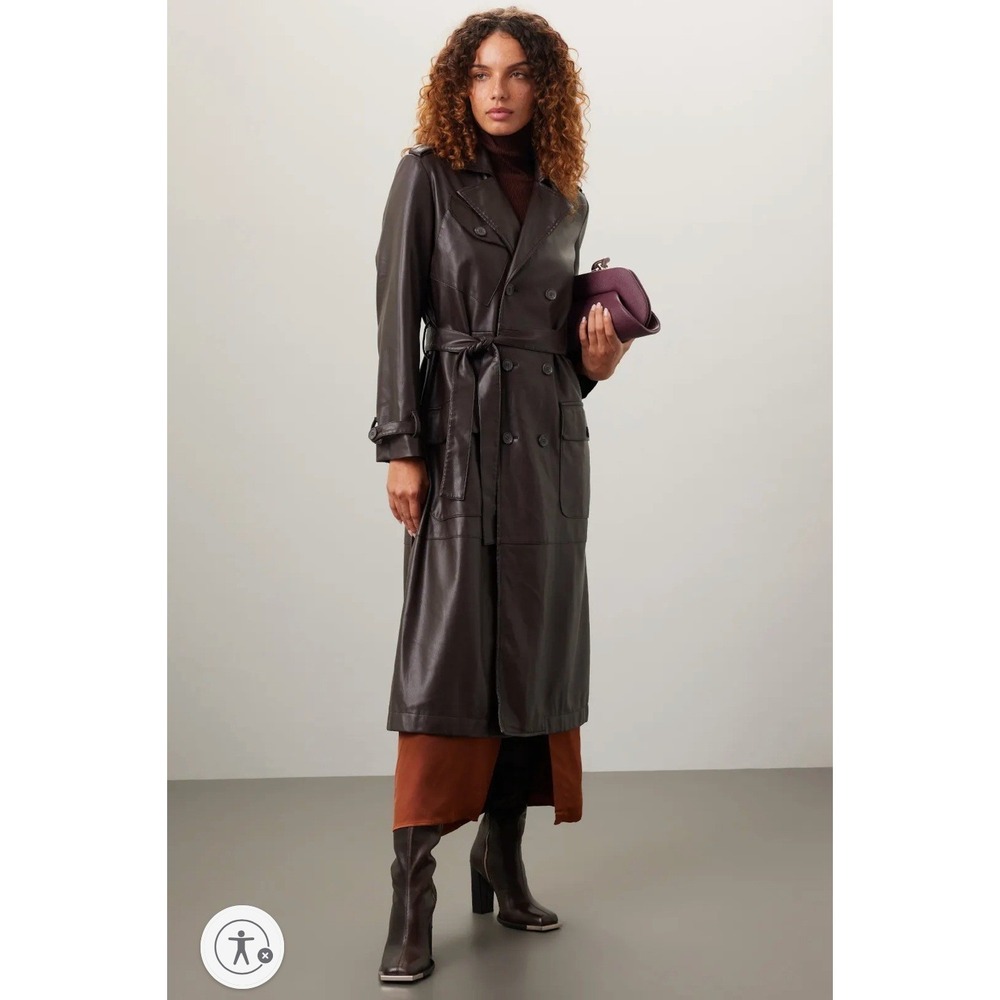 Osman Yousefzada Faux Leather Trench Coat Long Brown Vegan Sz 10